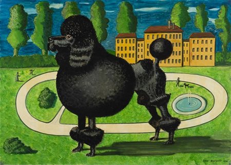 Dino Buzzati "Barboncino in villa" 1966
acrilico su cartone pressato
cm 36x50
Fi