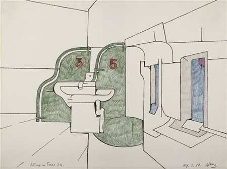 Valerio Adami "Latrine in Times SQ." 1968
pastelli su carta
cm 41,5x55,7
Firmato