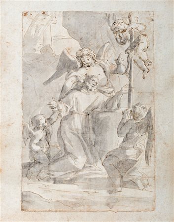 Scuola emiliana, prima metà del secolo XVIII - Estasi di un Santo sorretto da un Angelo
