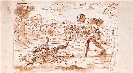 Scuola romana, fine secolo XVII - Scena di duello entro un paesaggio arcadico