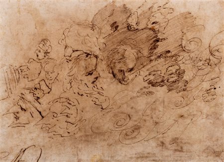 Attribuito a Salvator Rosa (Napoli 1615 - Roma 1673) - Studi di teste (recto); e studio di paesaggio con figure (verso)