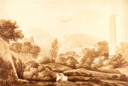 Scuola italiana, fine del secolo XVIII - inizi del secolo XIX - Paesaggio laziale con obelisco e acquedotto in rovina