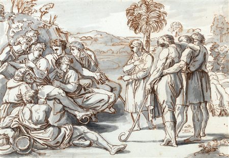 Scuola italiana, fine del secolo XVIII - inizi del secolo XIX, da Raffaello - Coppia di scene bibliche: Giuseppe racconta il sogno ai fratelli, e L'incontro di Salomone con la regina di Saba