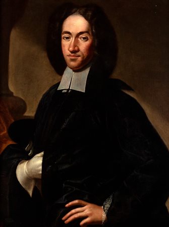 Sebastiano Bombelli (Udine 1635-Venezia 1719)  - Ritratto di gentiluomo a mezzo busto, in abito scuro damascato