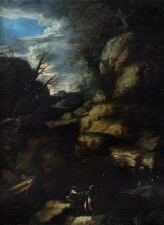 Seguace di Salvator Rosa - Paesaggio roccioso con soldati in sosta in primo piano