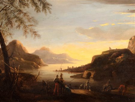 Scuola italiana, secolo XVIII - Paesaggio costiero con soldati
