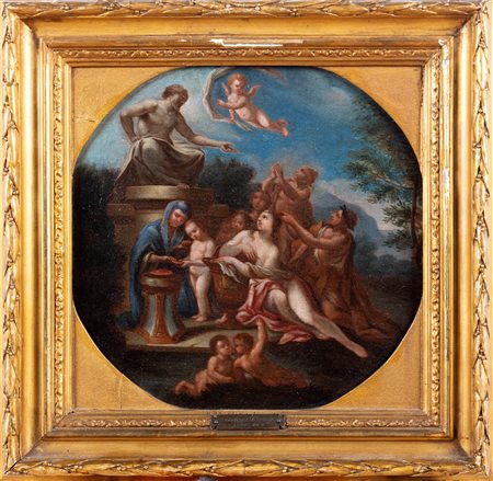Scuola romana, secolo XVII, nei modi di Nicolas Poussin - Due scene mitologiche: Bacco e Arianna; e Sacrificio ad una divinità pagana