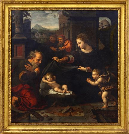 Joos van Cleve (Kleve 1485 - Anversa 1541) e atelier - Adorazione del Bambino