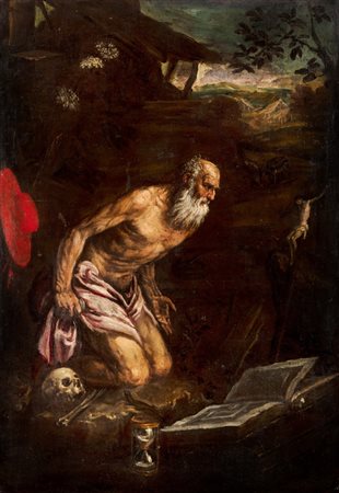 Jacopo  Bassano (Bassano del Grappa 1515-1592)  - San Girolamo penitente in un paesaggio