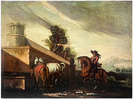 Philippe Wouwermann (Haarlem 1619-1668), dipinto ad olio su tela raffigurante due personaggi a cavallo. Cm 57x76. Philip