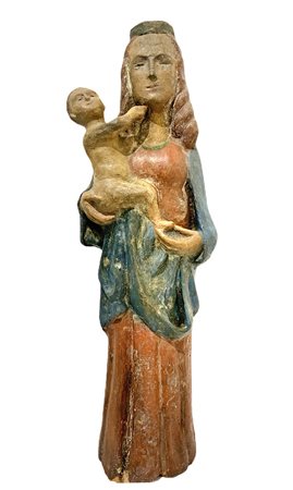 Statua in terracotta policroma raffigurante Madonna con bambino, Toscana, XIX secolo. Nei modi dei primitivi del XIV sec