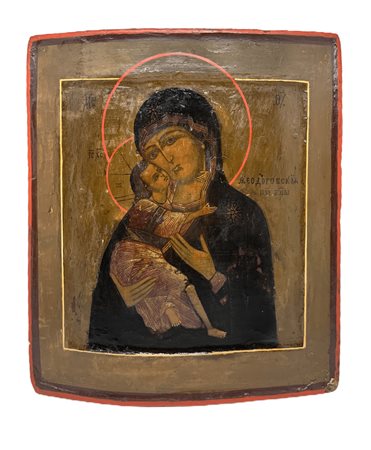 Icona russa con pittura a tempera  raffigurante Madonna di Vladimir , detta Madonna della tenerezza, secolo XIX. Cm 31 x