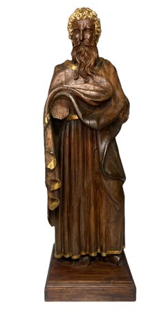 Statua raffigurante Mos&egrave;, XVI secolo. In legno massello e oro. Presenti mancanze a mani e piedi. H cm 121, con ba