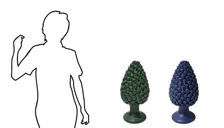 Coppia di pigne in terracotta di Caltagirone verde e azzurra. H cm 53