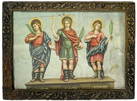 Antica stampa raffigurante S.Filadelfo, Sant’Alfio e San Cirino, XIX secolo. In cornice intagliata a fiori e foglie (2).