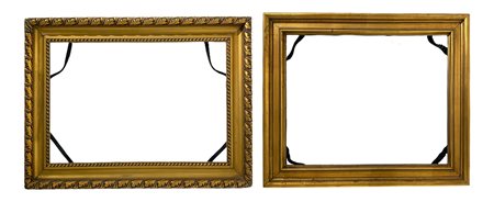 Coppia di cornici in legno dorato, XX secolo. 1) Misure interne m 55x80, misure esterne cm 73x98; 2) Misure interne cm 5