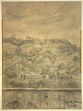 Disegno a carboncino su cartone raffigurante case di campagna, firmato in basso a destra Gisella Mattina e datato 1969. 