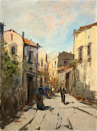 Olio su tela raffigurante strade di paese con personaggi , firmato in basso a sinistra Poma. Cm 70x50. Quadro sprovvisto