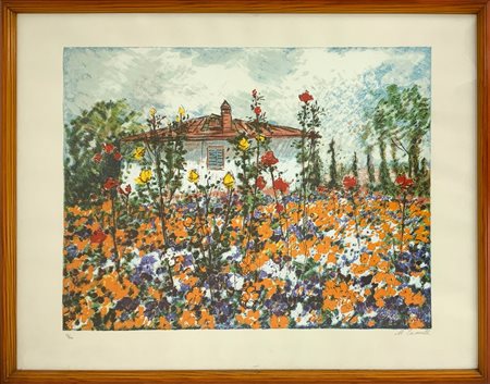 Litografia raffigurante casa in campo di fiori, 33/200. Firmata in basso a destra M. Cascella. In cornice cm 64x84