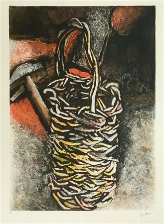 Litografia raffigurante cesto con martello. P.A. di Guttuso. In cornice cm 100x800