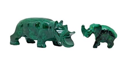 Statuette raffiguranti ippopotamo ed elefante in malachite. Ippopotamo cm 5x12, elefante cm 4x6,5