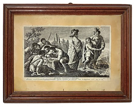 Incisione ad acquaforte di Joannes Giovanni Volpato (1733-1803) raffigurante episodi della vita di Giuseppe. Mm 200x300,