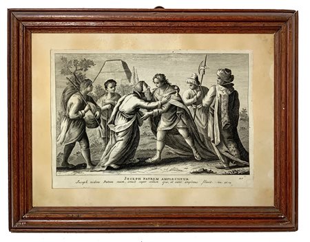 Incisione ad acquaforte di Joannes Giovanni Volpato (1733-1803) raffigurante episodi della vita di Giuseppe. Mm 200x300,