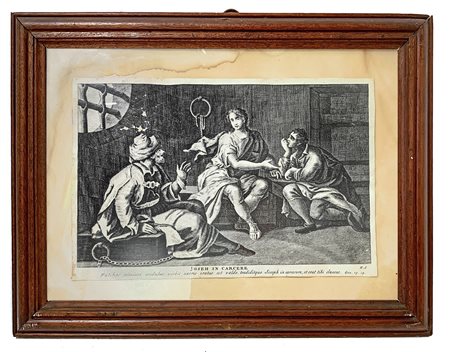 Incisione ad acquaforte di Joannes Giovanni Volpato (1733-1803) raffigurante episodi della vita di Giuseppe. Mm 200x300,