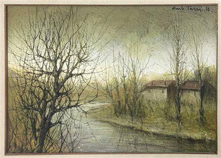 Dipinto ad olio su tela raffigurante “Bondeno”, firmato in alto a destra Carlo Tassi e datato ’78. Cm 40x60, in cornice 