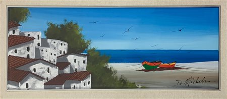 Dipinto ad olio su masonite raffigurante marina con barche e case. Firmato in basso a destra De Michelis. Cm 18x49, in c