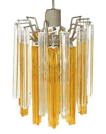 Lampadario in vetro di Murano a canne quadrilobate trasparente e nei toni del giallo. Prima met&agrave; XX secolo. Cm 52