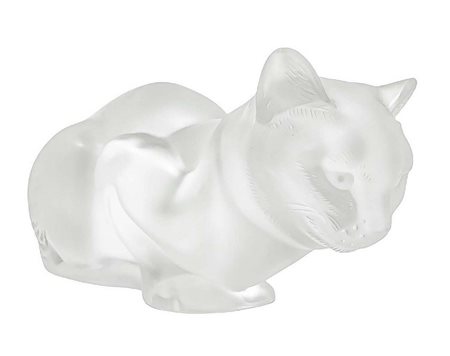 Lalique , scultura in vetro trasparente raffigurante gatto, con superficie acidata, anni '80. Firma incisa. H cm 11.x cm