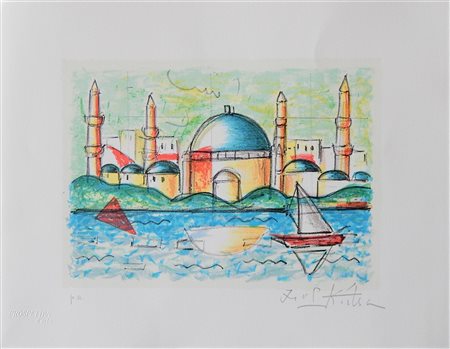 Ibrahim Kodra SENZA TITOLO litografia, cm 24x30 firma esemplare p.a. timbro a...