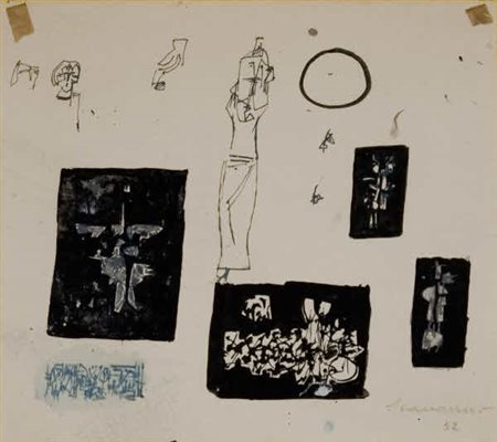 Emilio Scanavino - Senza titolo – 1952 - tecnica mista su carta cm. 22x21....