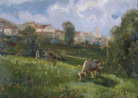 VITTORI CARLO "Pascolo" Olio su cartone cm. H: 24.00 L: 35.00 Firma in basso...