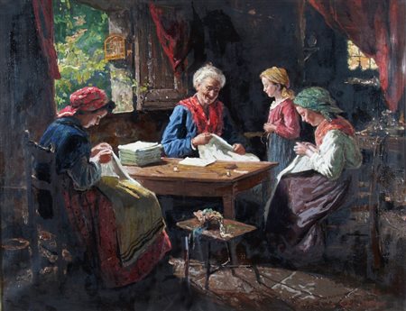 CECCONI EUGENIO (Livorno 1842 - Milano 1903) "Donne che cuciono" Olio su tela...