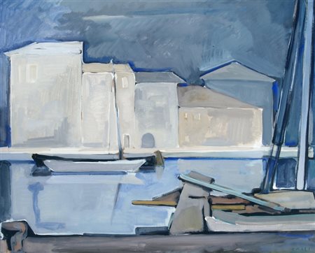 CRALI TULLIO (Igalo 1910) "Barche sul canale" anni '50 Tempera su cartoncino...