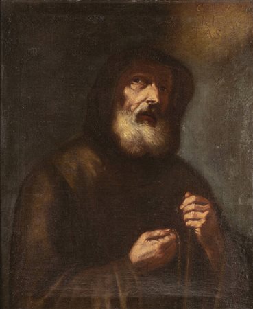 PITTORE ANONIMO<BR>"Ritratto di santo con saio" XVII secolo