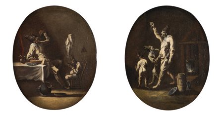 ITALIA SETTENTRIONALE, INIZIO XVIII SECOLO PITTORE ANONIMO<BR>"Interni con Pulcinella" 1720 - 1730 ca