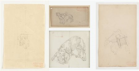 GIOVANNI BATTISTA QUADRONE<BR>Mondovì (CN) 1844 - 1898 Torino<BR>Lotto di quattro opere:<BR>A. "Cane"<BR>B. "Asinello"<BR>C. "Segugio sotto la sedia"<BR>D. "Cani che abbaiano"