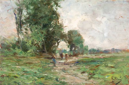 CARLO FOLLINI<BR>Domodossola (NO) 1848 - 1938 Pegli (GE)<BR>"Mucche al pascolo"