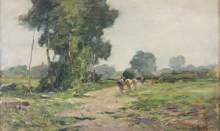 CARLO FOLLINI<BR>Domodossola (NO) 1848 - 1938 Pegli (GE)<BR>"Paesaggio con armenti" 13/8/15