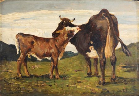 LORENZO DELLEANI<BR>Pollone (BI) 1840 - 1908 Torino<BR>"Mucca e vitello" 24/9/84