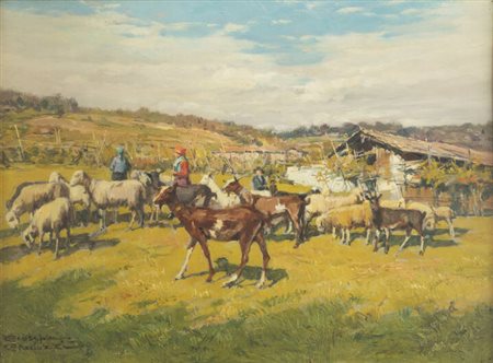 GIUSEPPE GHEDUZZI<BR>Crespellano (BO) 1889 - 1957 Torino<BR>"Contadini con capre al pascolo"
