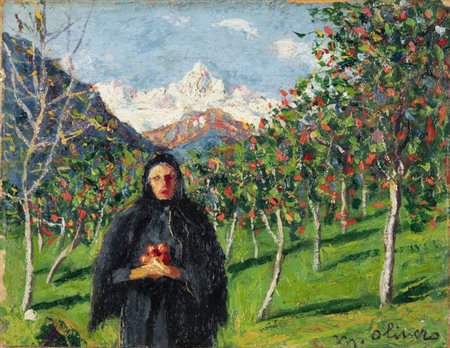 MATTEO OLIVERO<BR>Acceglio (CN) 1879 - 1932 Saluzzo (CN)<BR>"Raccolta delle mele" o "La Madre con il Monviso"
