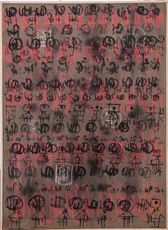 Gian Luigi Giovanola, (Milano 1923), “Ippogrammi rossi e neri su fondo grigio”