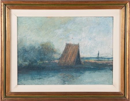 Vito Ferrari (Rovigo 1928), “Paesaggio di un tempo - capanno”, 1972.
