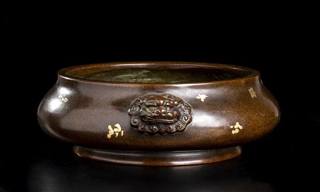 INCENSIERE IN BRONZO PARZIALMENTE DORATO<br>Cina, XX secolo