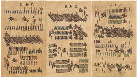 TRE SCENE DI CORTEO<br>Corea, dinastia Joseon (1392-1910), XIX secolo