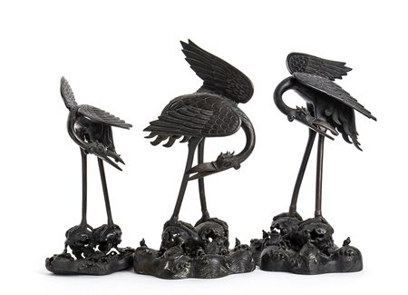 TRE GRU IN BRONZO<br>Giappone, periodo Meiji<br>